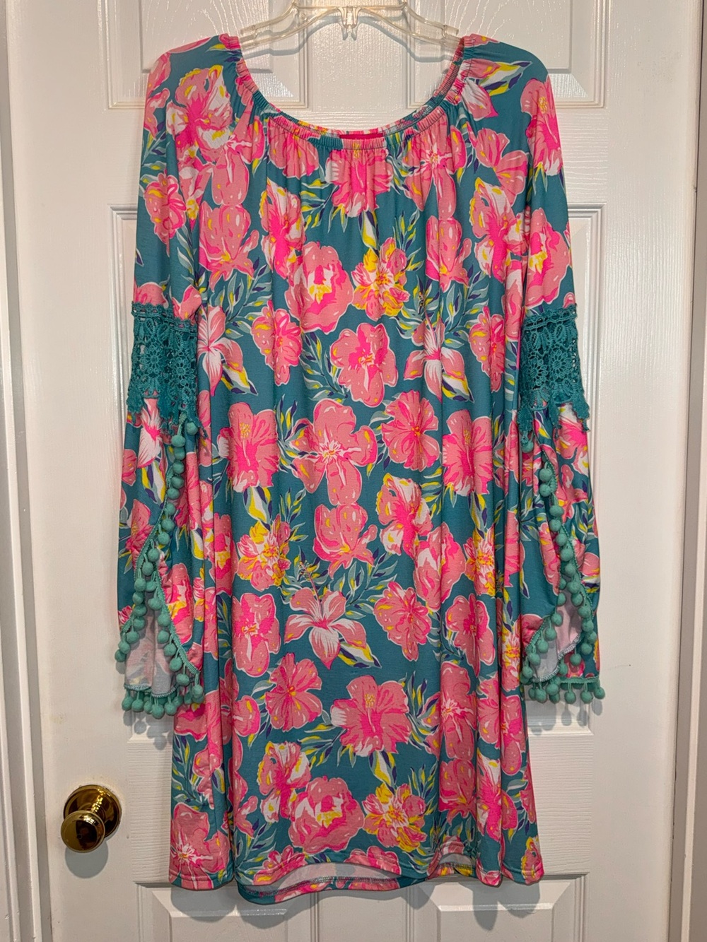 Simply Southern Teal Dress with Pink Floral Print. Size S